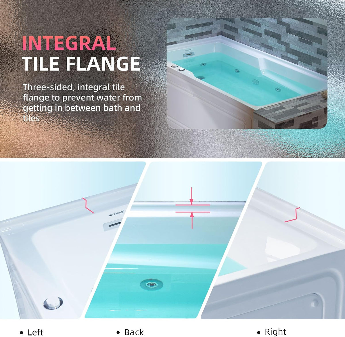 WOODBRIDGE 60" Alcove Acrylic Rectangular Whirlpool Heated Jetted Tub in White with Left Drain, Chrome pop-up Drain Included BS6030L