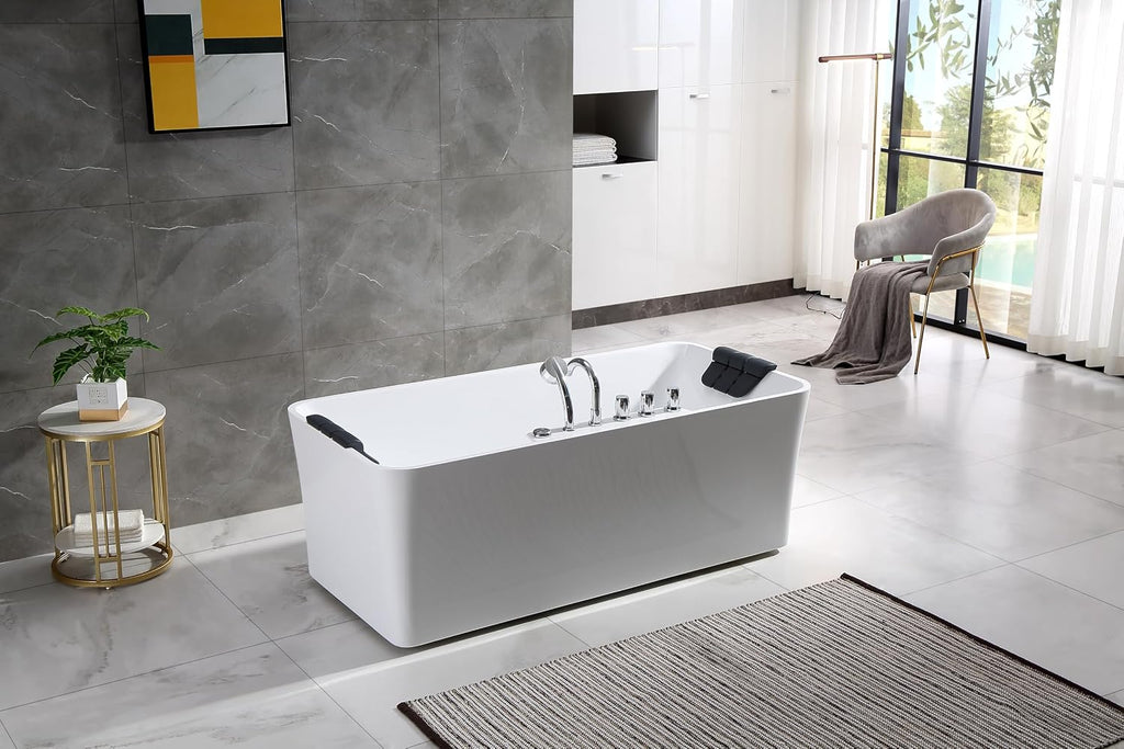 Empava 59" White Freestanding Rectangular Whirlpool Bathtub with 8 Adjustable Hydromassage Jets, ETL-Certified, 60-Gallon Capacity, Double-Ended Design & Two Pillows â Spacious for All Body Types