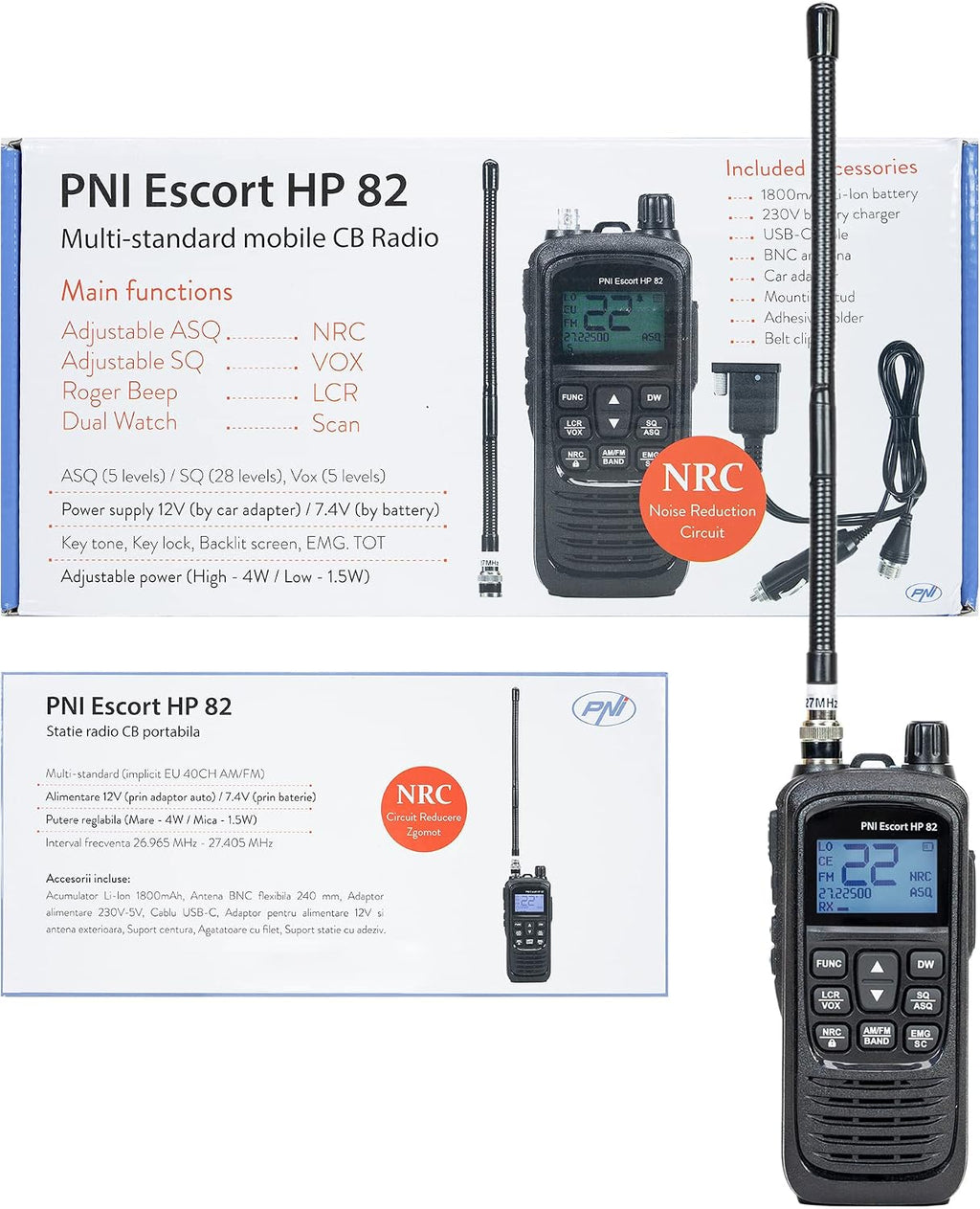 Portable CB Radio Station PNI 82, Multi Standard, 4W, 12V, AM-FM, NRC, Dual Watch, Roger Beep, Adjustable ASQ SQ, VOX