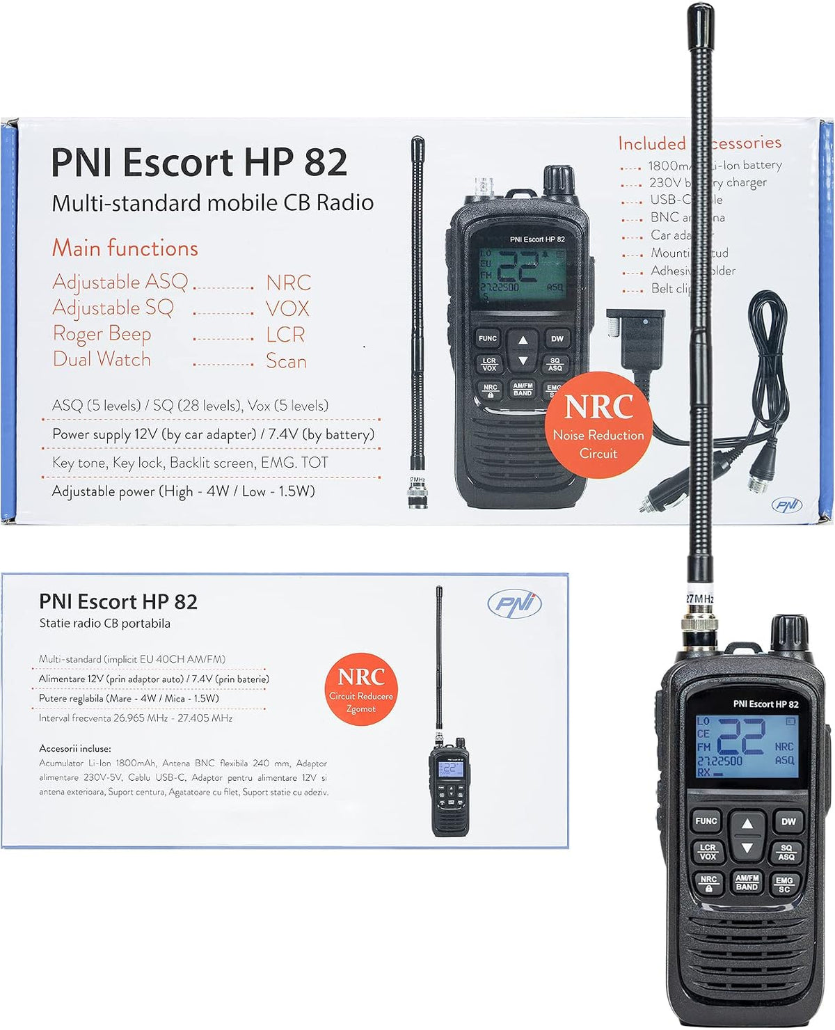 Portable CB Radio Station PNI 82, Multi Standard, 4W, 12V, AM-FM, NRC, Dual Watch, Roger Beep, Adjustable ASQ SQ, VOX