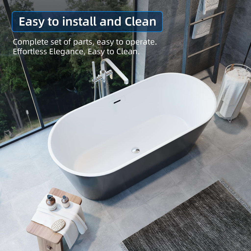 59" Acrylic Freestanding Bathtub, Modern Soaking Tub with Matte Drain and Overflow, Ergonomic Deep Design, Double-Walled Insulation, CUPC Certified, Easy Clean, Slip-Resistant, Gloss White