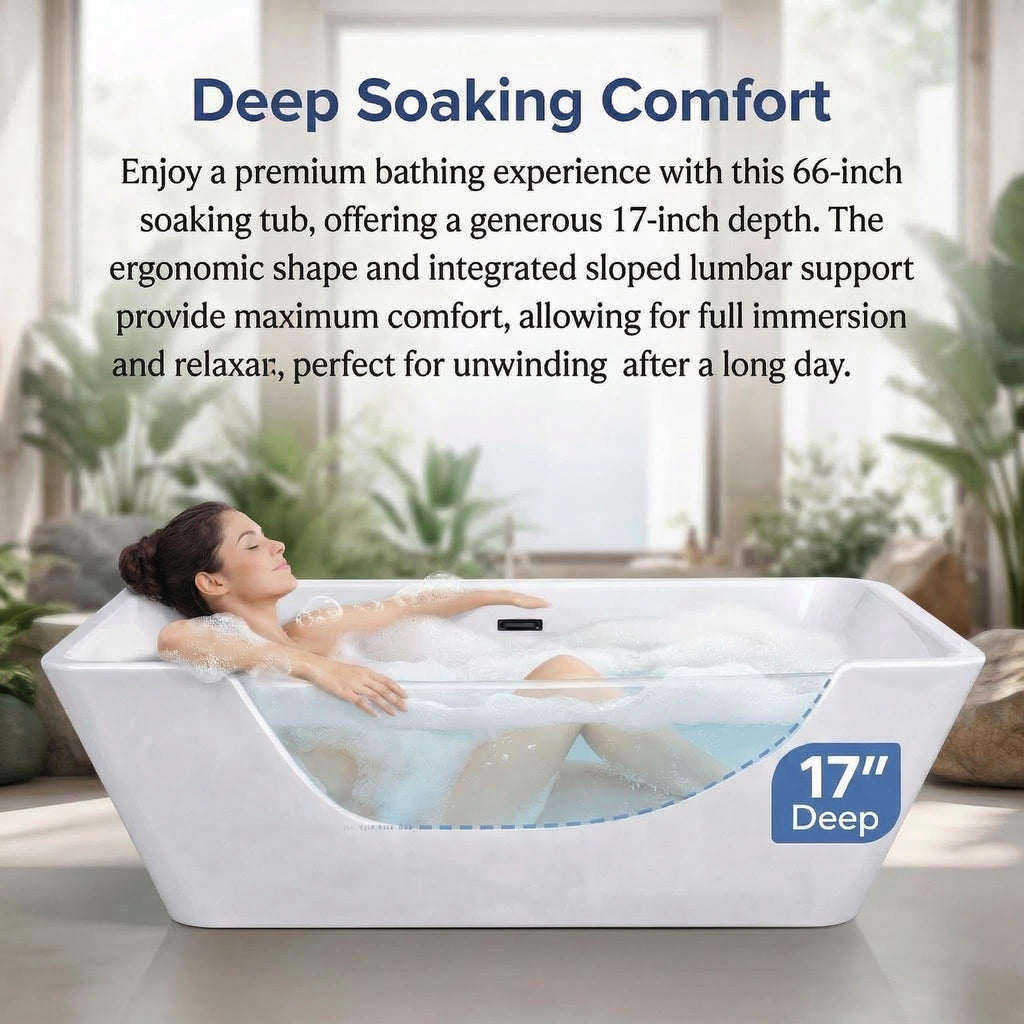 59" Acrylic Freestanding Bathtub, Modern Soaking Tub with Matte Drain and Overflow, Ergonomic Deep Design, Double-Walled Insulation, CUPC Certified, Easy Clean, Slip-Resistant, Gloss White