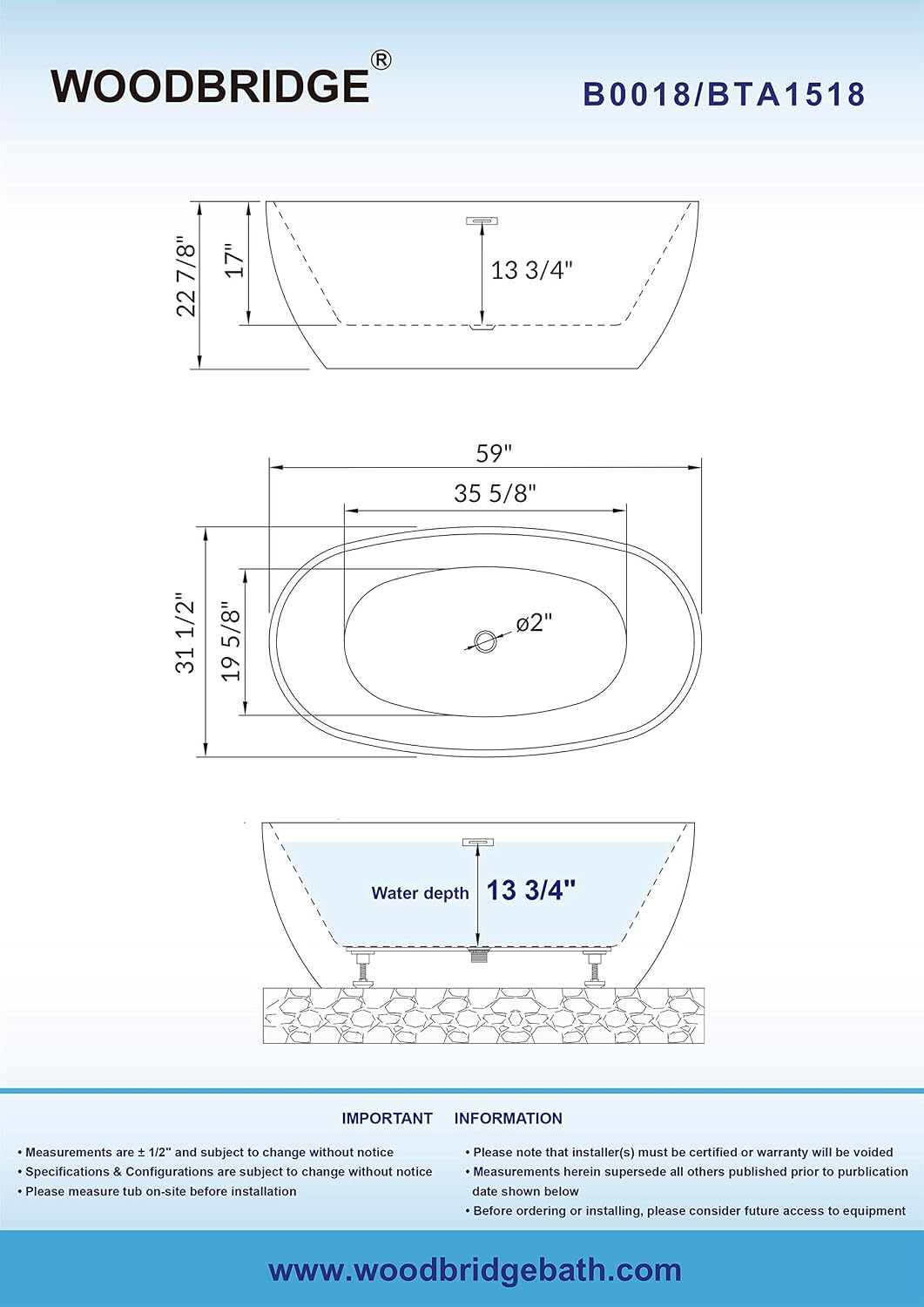 WOODBRIDGE 59"Freestanding White Acylic Soaking Bathtub with Brushed Nickel Drain and Overflow,BTA1518 -B/N-Drain &O