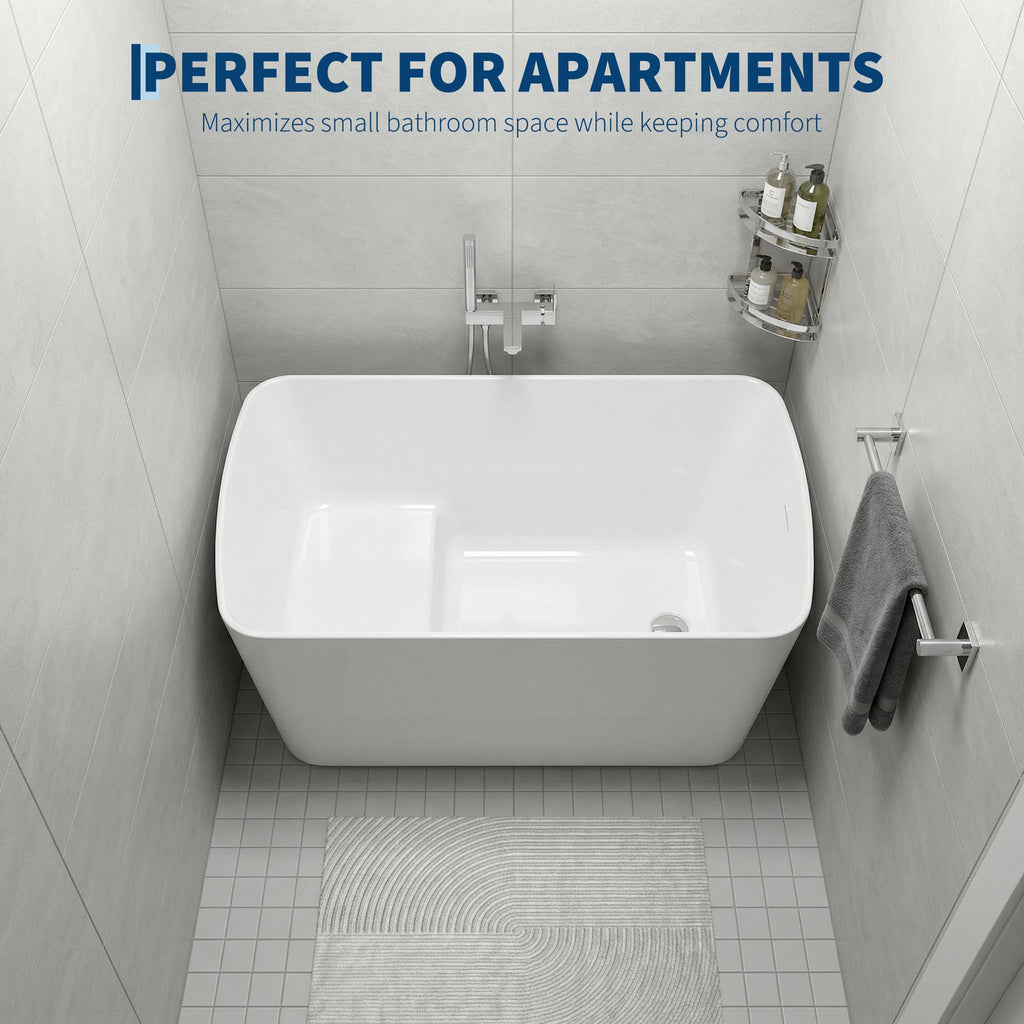 49" Acrylic Freestanding Bathtub - Japanese Square Soaking Tub with Built-in Seat & Toe-Tap Drain, Glossy White Finish, CUPC Certified