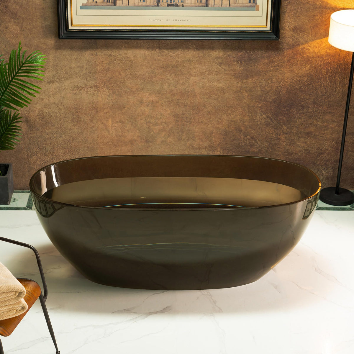 WOODBRIDGE 59" Stone Resin Freestanding Soaking Tub, Modern Oval Solid Surface Bathtub with Integrated Slotted Overflow & Drain, Matte White, B0055