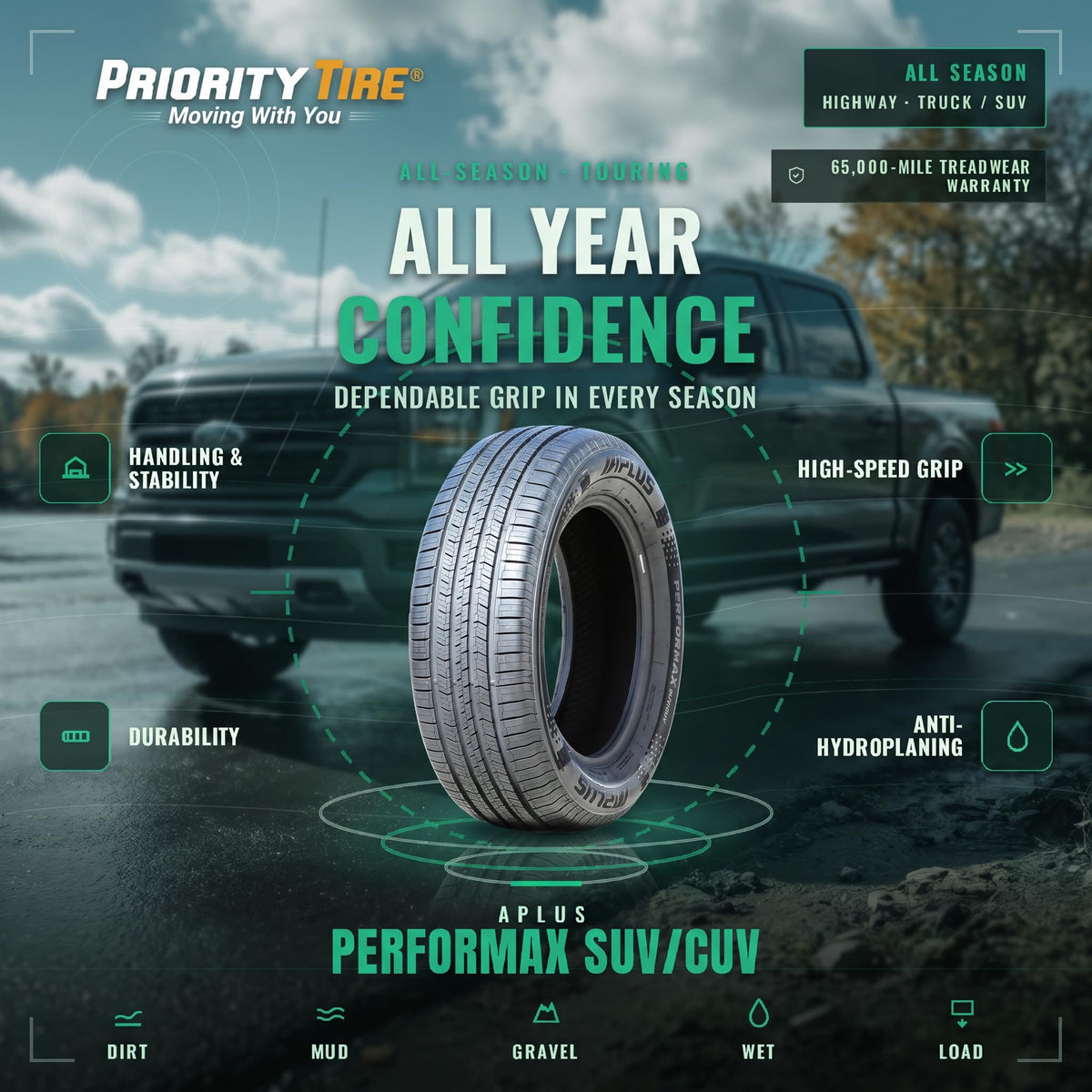 Aplus Performax SUV/CUV Truck/SUV All-Season Highway Radial Tire-255/70R16 255/70/16 255/70-16 111H Load Range SL 4-Ply BSW Black Side Wall UTQG 620AA