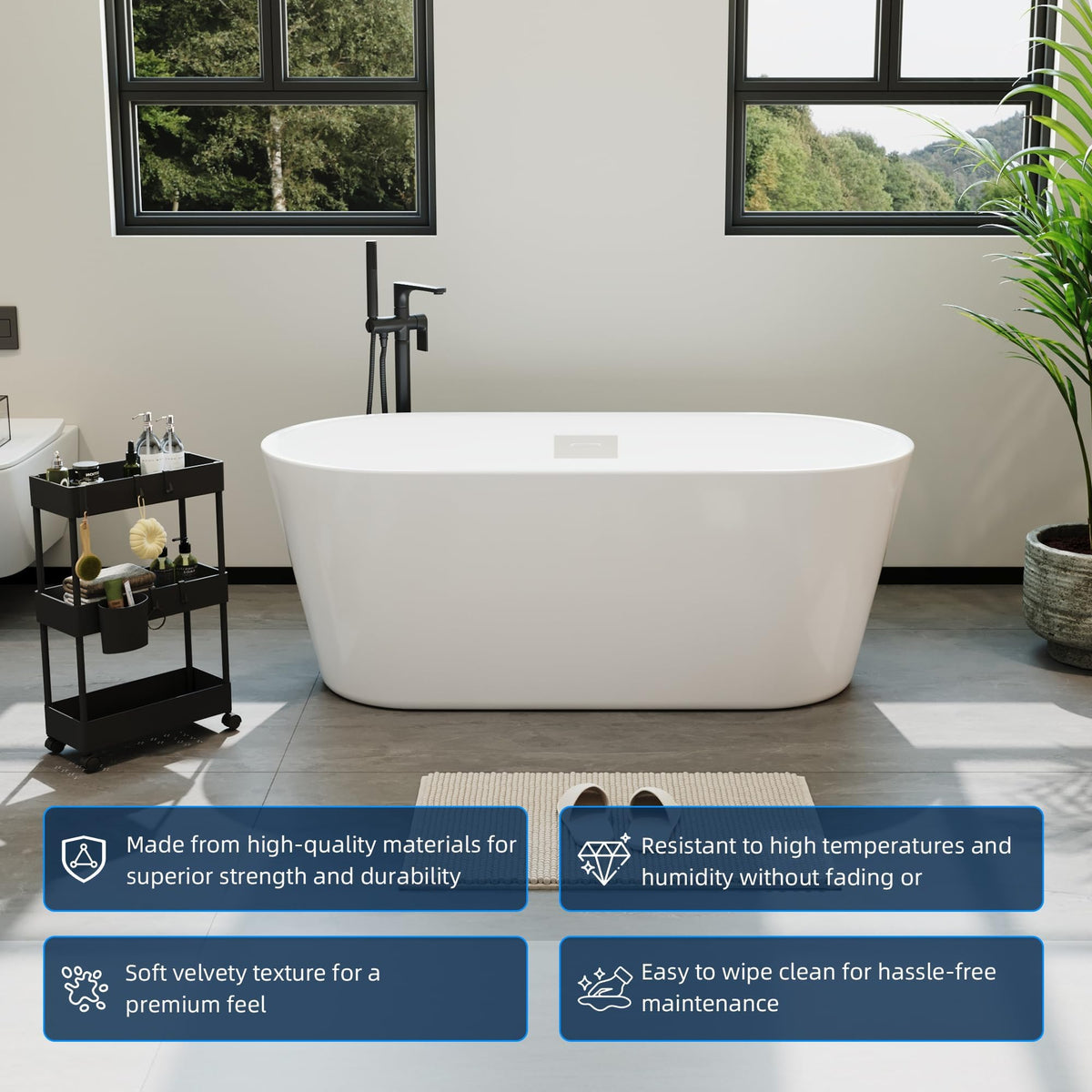 67'' Acrylic Freestanding Bathtub, Extra-Deep Soaking Free Standing Tub for Luxurious Bathing Experience, with Chrome Drain, for Main Bathroom, Black & White