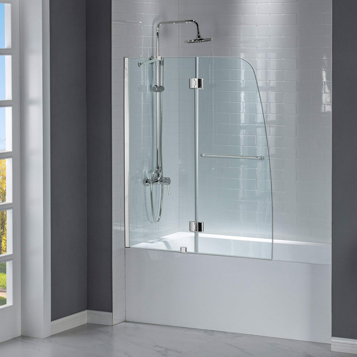 Woodbridge Frameless Hinged Bathtub Shower, 5/16" Tempered Panel, 48" W x 58" H Tub Glass Door in Matte Black Finish, Include Support Bar