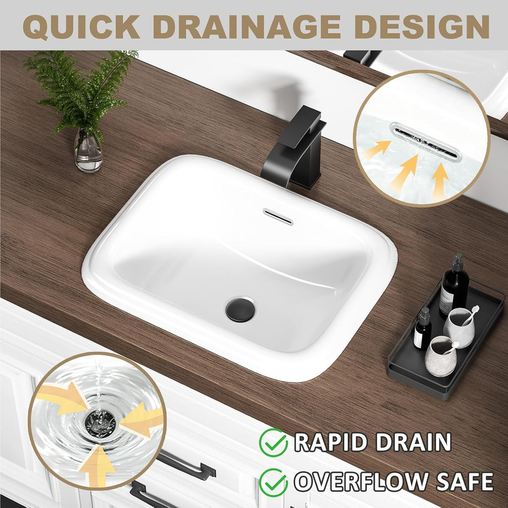 19 Inch Drop In Bathroom Vessel Sink with Overflow Rectangle White