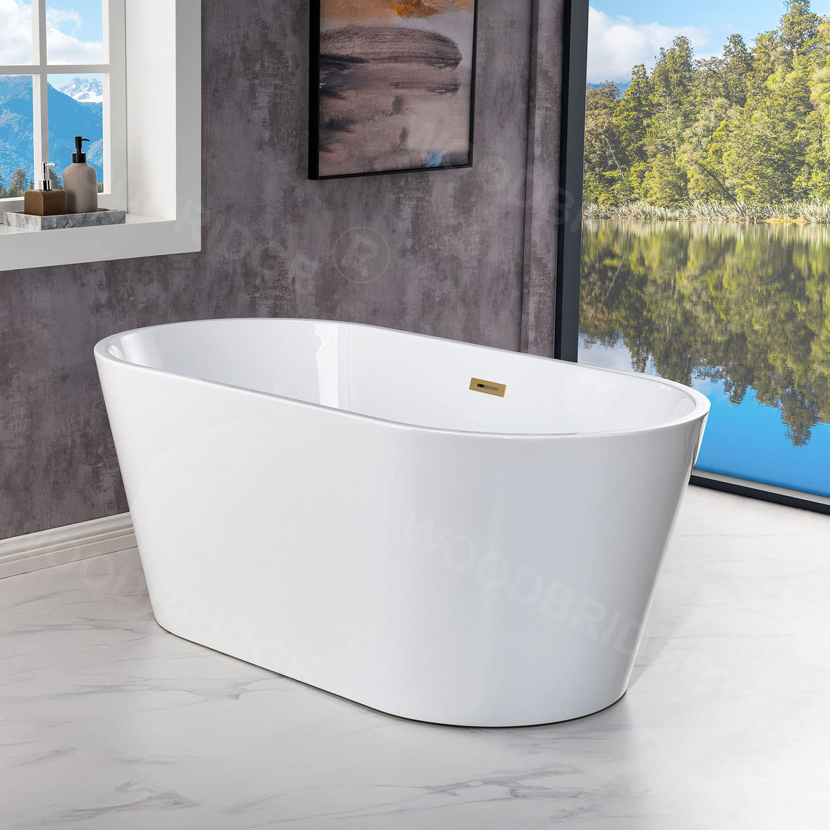 WOODBRIDGE 54" Acrylic Freestanding Bathtub Contemporary Soaking White Tub with Matte Black Overflow and Drain,BTA1702-MB