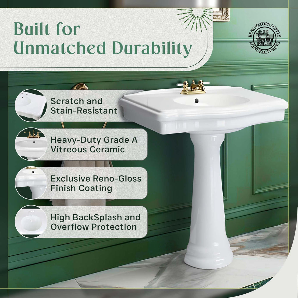 Renovators Supply Manufacturing Ondine Space Saving 16" W x 33" H x 14.5" Proj. Small Bathroom Pedestal Sink, Vitreous China, with Overflow, Compatible with 4 in. Centerset Faucets