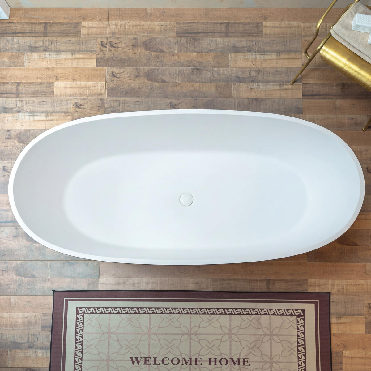WOODBRIDGE 61" Stone Resin Freestanding Soaking Tub, Modern Oval Solid Surface Bathtub with Integrated Slotted Overflow & Drain, Matte White
