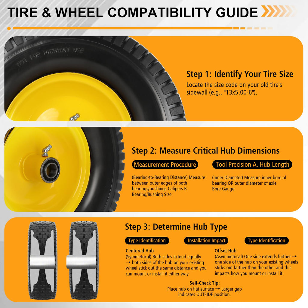 2 Pack 15x6.00-6 Flat Free Lawn Mower Tire and Wheel, 15" Solid Front Tires with 3" Centered Hub, 3/4" & 5/8" Bearings and 1" Bushings, Compatible with John Deere Husqvarna Riding Mowers Lawn Tractors