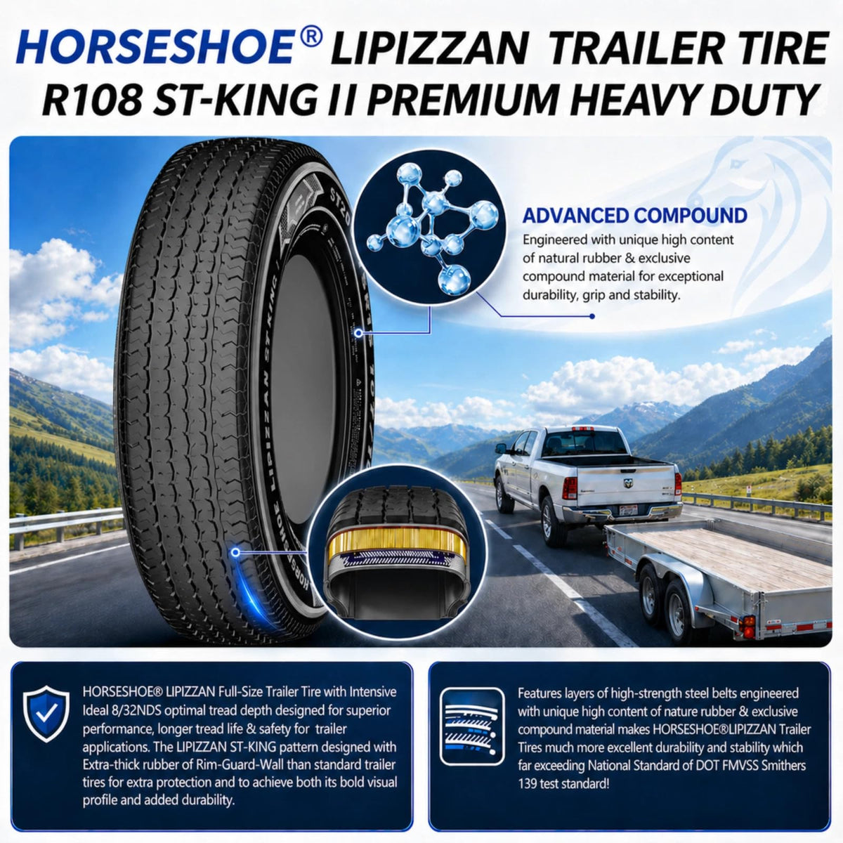 HORSESHOE LIPIZZAN 4 New ST225/75R15 12PR ST-KING II Steel Belted Radial LRF Super Heavy Duty Premium Trailer Tires w/Featured Rim-Guard-Wall 120/115M 81mph BSW 225 7515 A/T A/S (4, ST 225/75R15 12PR)