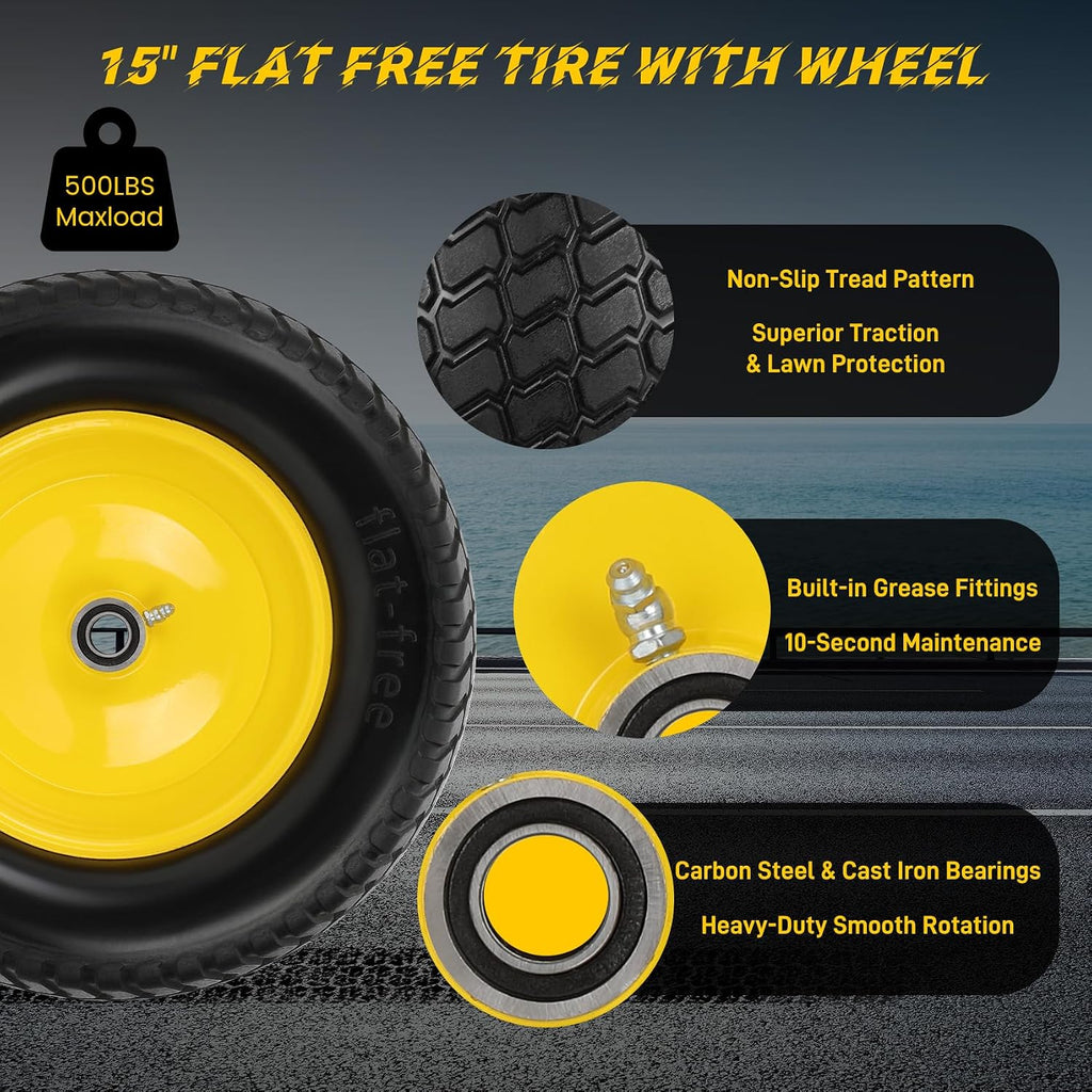 2 Pack 15x6.00-6 Flat Free Lawn Mower Tire and Wheel, 15" Solid Front Tires with 3" Centered Hub, 3/4" & 5/8" Bearings and 1" Bushings, Compatible with John Deere Husqvarna Riding Mowers Lawn Tractors