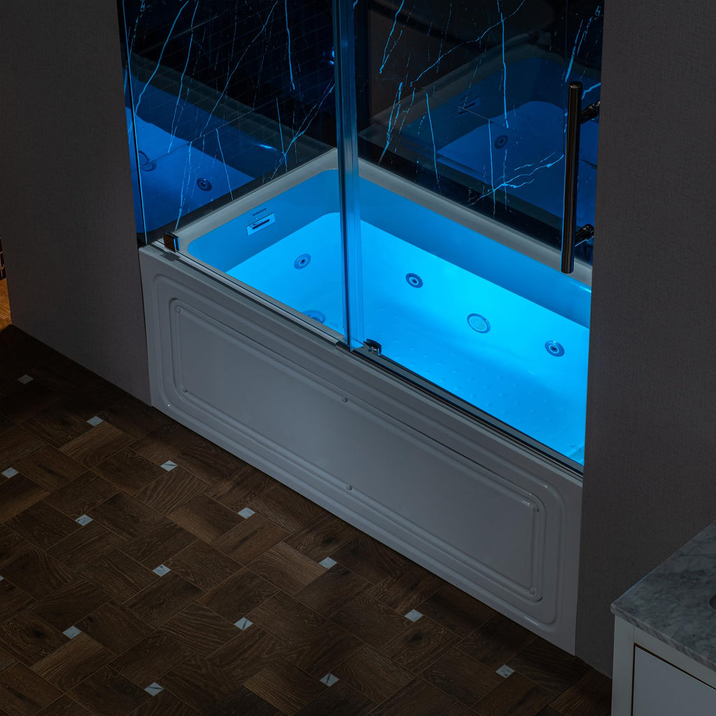 WOODBRIDGE 60" x 32" Alcove Acrylic Rectangular Whirlpool Heated Jetted Tub in White with Left Drain, Matte Black Finish, BS429-L-MB02