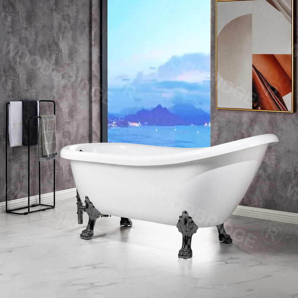 WOODBRIDGE 67" Heavy Duty Acrylic Slipper Clawfoot Bath Tub with Matte Black Feet + Matte Black Drain &Overflow