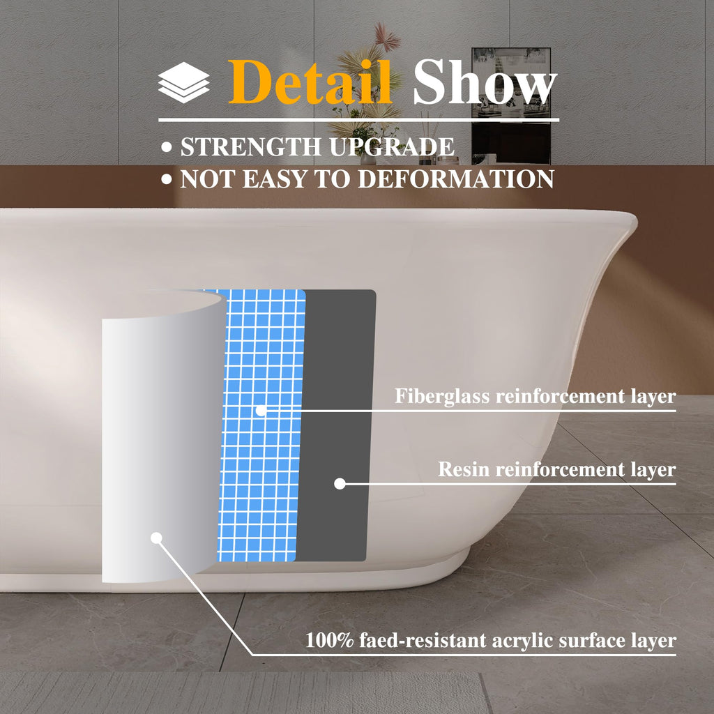 61" Freestanding Bathtubs, Acrylic Soaking Tubs for Adult, Integrated Overflow and Drain, cUPC Certified, Glossy White