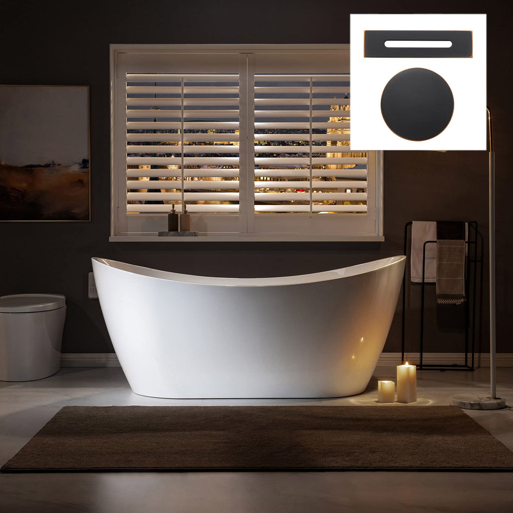 WOODBRIDGE 67" Acrylic Freestanding Bathtub Contemporary Soaking White Tub with Matte Black Overflow and Drain,B0010-MB-Drain &O
