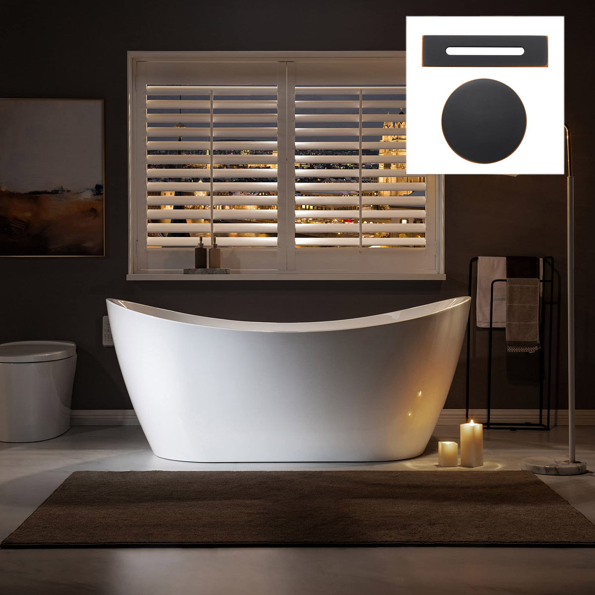 WOODBRIDGE 67" Acrylic Freestanding Bathtub Contemporary Soaking White Tub with Matte Black Overflow and Drain,B0010-MB-Drain &O