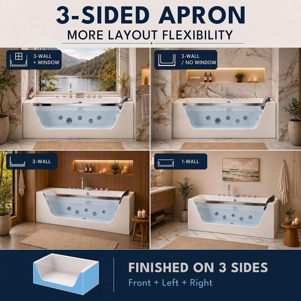 Empava 60" Acrylic Alcove Whirlpool Bathtub, Jetted Soaking Tub