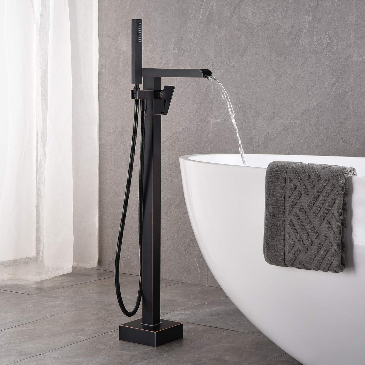 Wowkk Waterfall Tub Filler Freestanding Bathtub Faucet Black Floor Mount Brass Single Handle Bathroom Faucets with Hand Shower