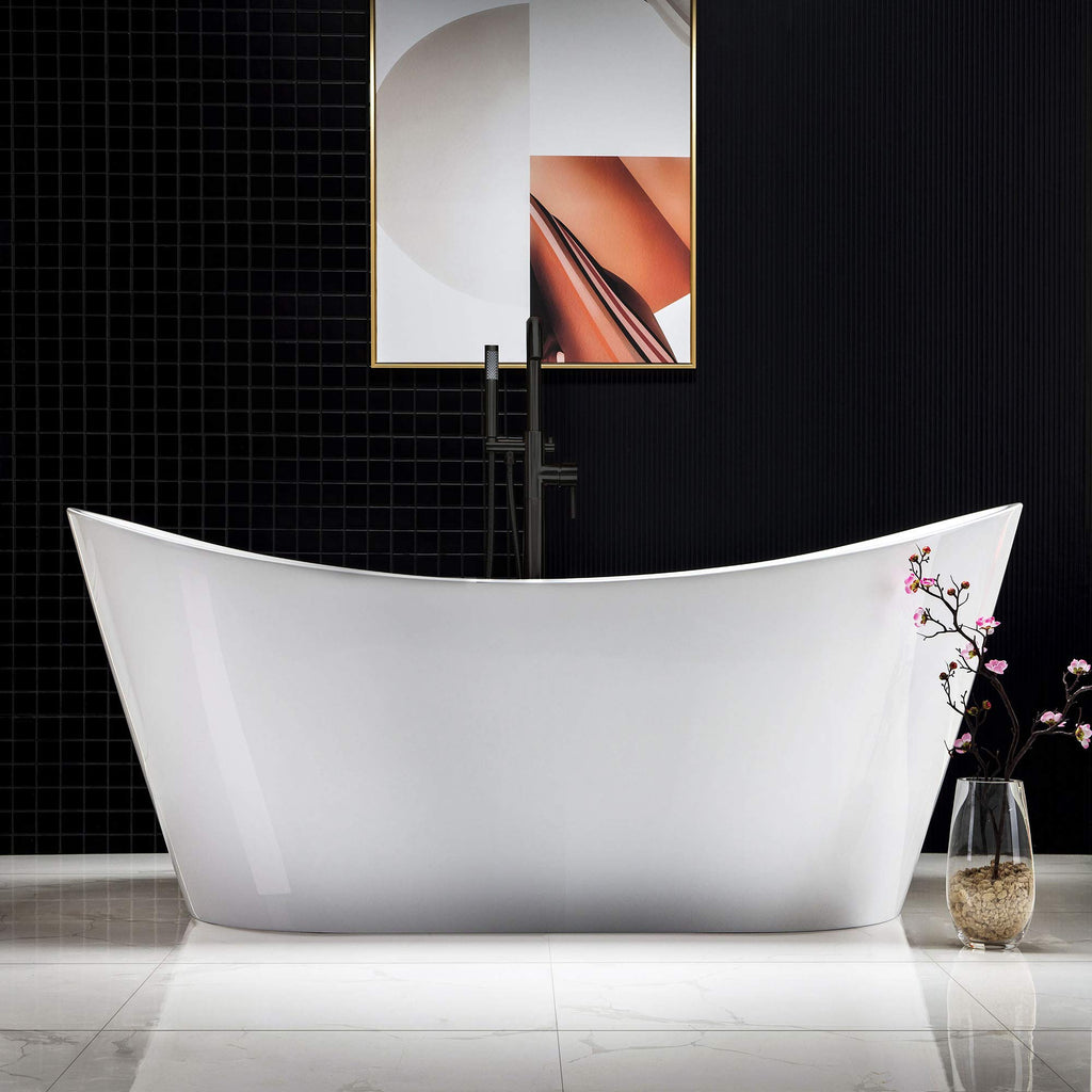 WOODBRIDGE 67" Acrylic Freestanding Bathtub Contemporary Soaking White Tub with Brushed Gold Overflow and Drain,B0010-BG