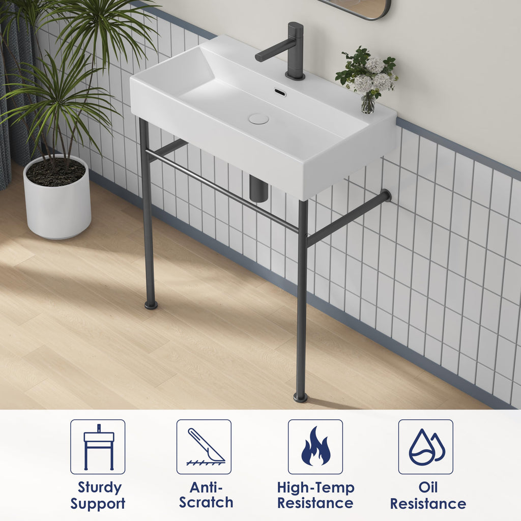 Eridanus 24"x16" Console Bathroom Sink, Free Standing 30 Inch Stainless Steel Support Pedestal Legs, Wall Mount White Vessel Ceramic Vanity Basin, Modern Rectangular Sinks Porcelain, Matte Black