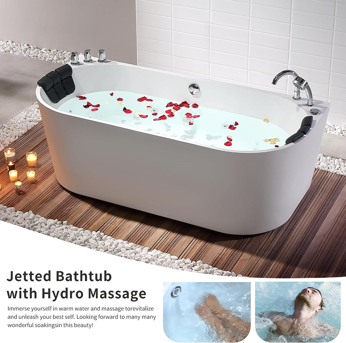 Empava 59 in. Acrylic Freestanding Tub Hydromassage Gracefully Oval Shaped