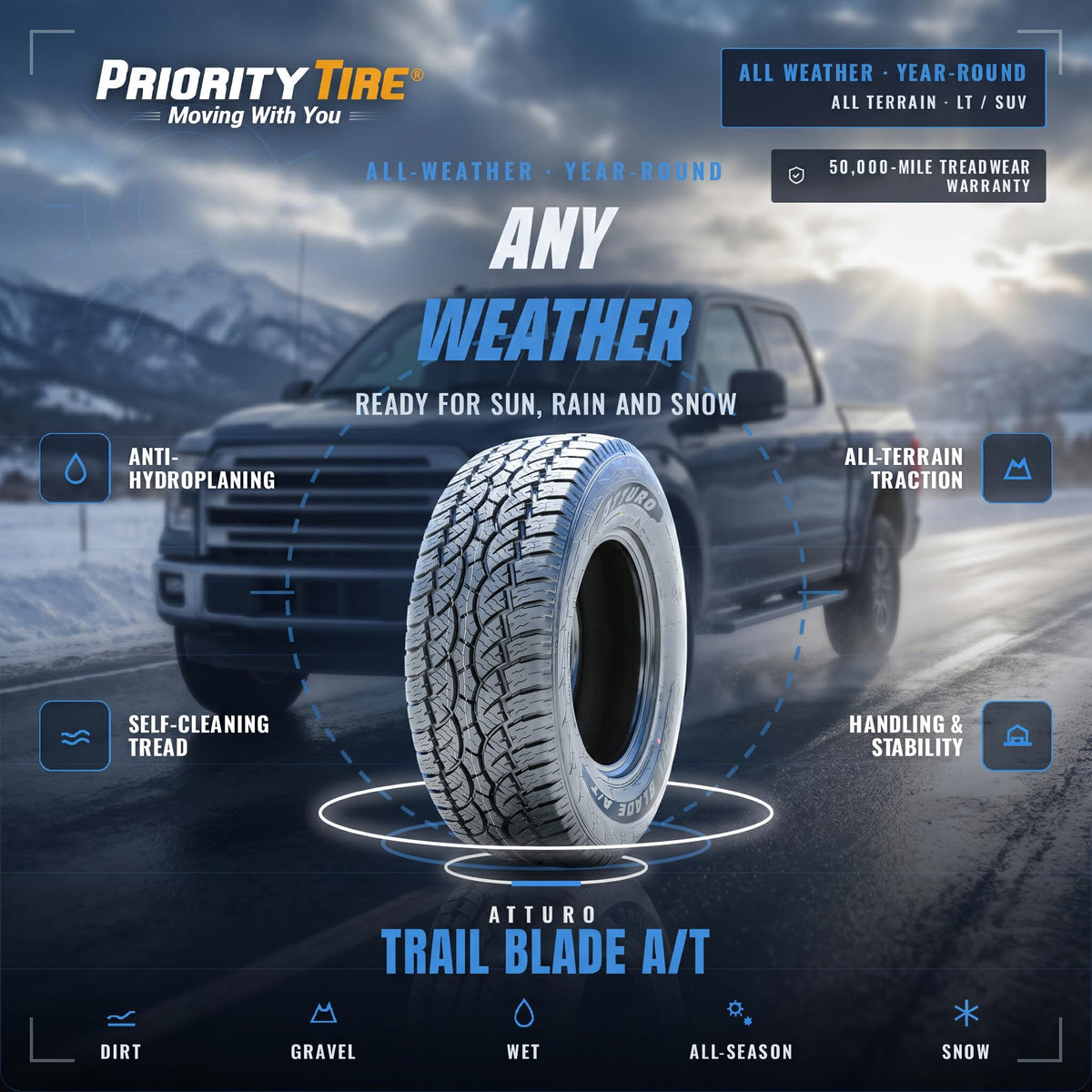 ATTURO Trail Blade A/T All-Terrain Tire, 275/55R20 117T XL