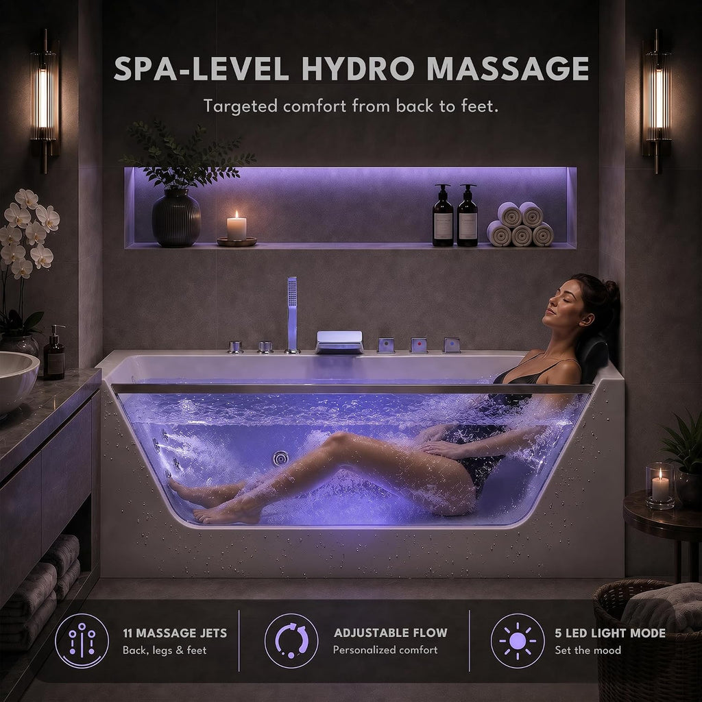 Empava 60" Acrylic Alcove Whirlpool Bathtub, Jetted Soaking Tub