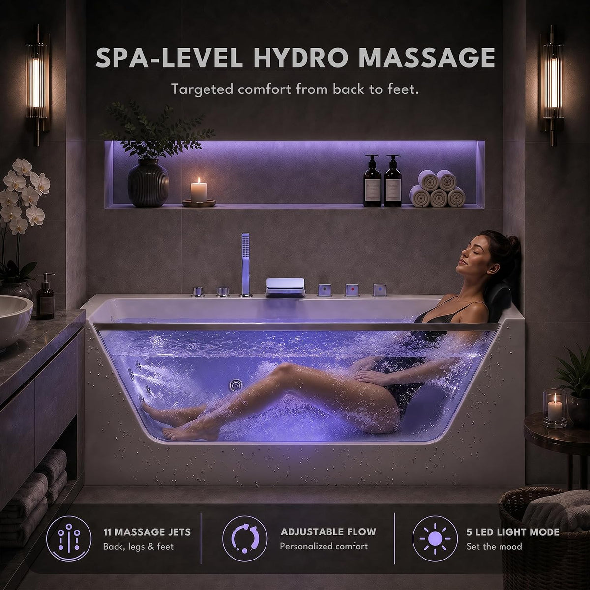 Empava 60" Acrylic Alcove Whirlpool Bathtub, Jetted Soaking Tub