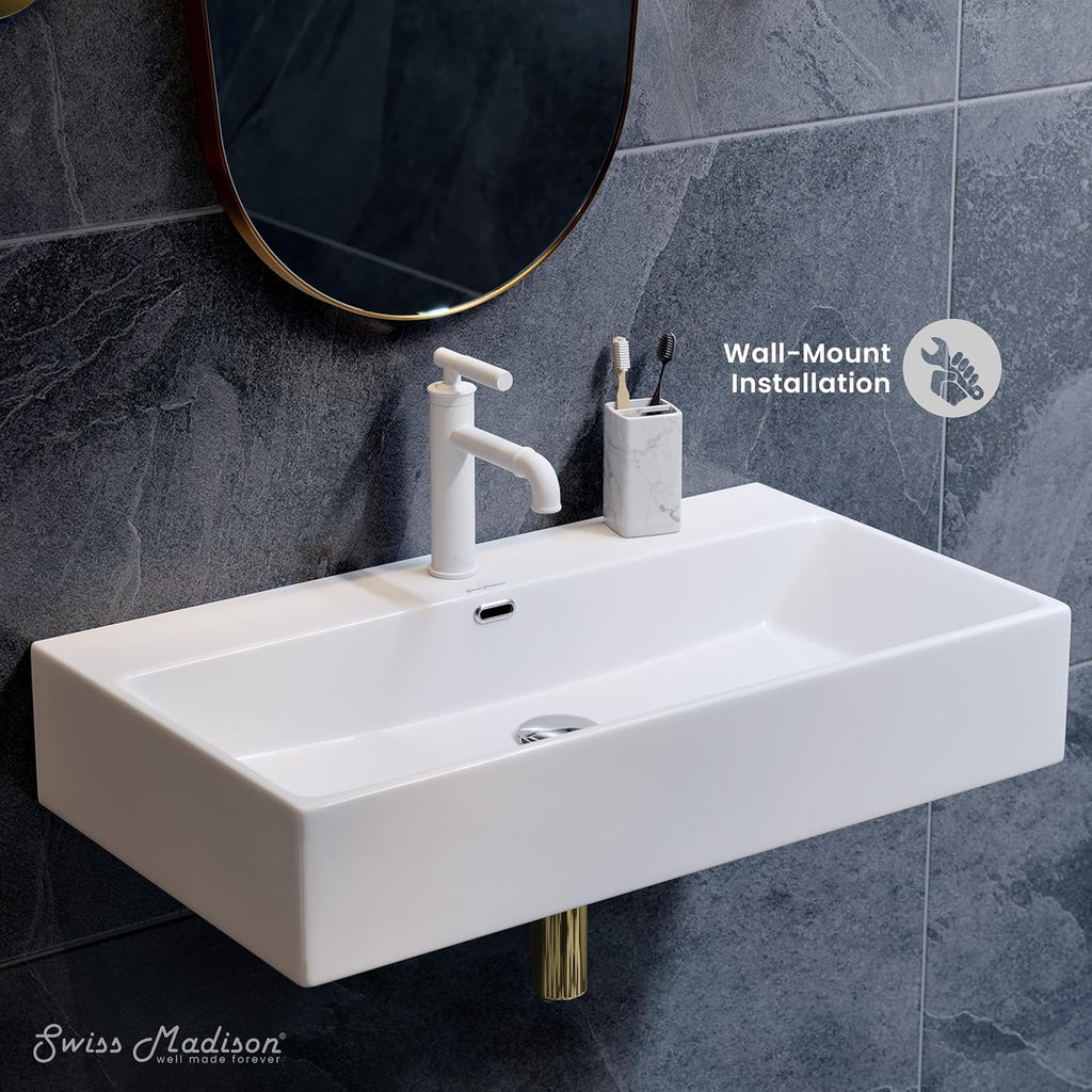 Claire 30" Rectangle Wall Mount Bathroom Sink in Glossy White
