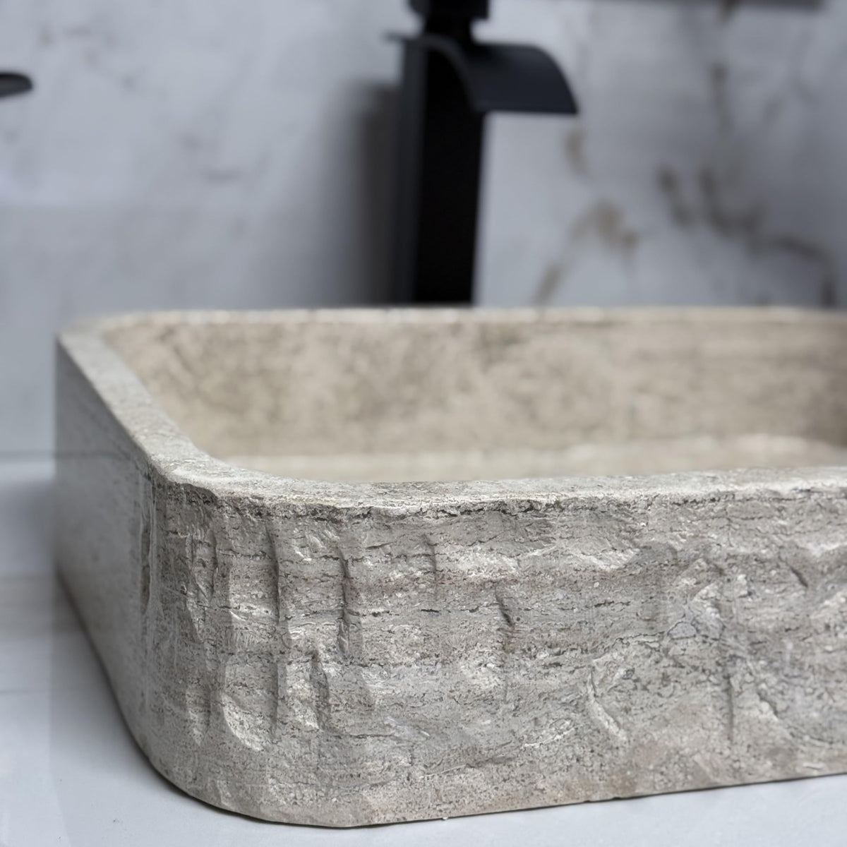 Oval Travertine Vessel Sink â Natural Stone Wash Basin, Hand-Carved Bathroom Sink with Chiseled Exterior & Polished Interior, Above Counter Vanity Basin (Includes Matching Soap Tray)
