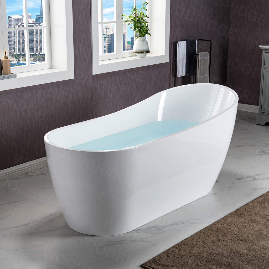 WOODBRIDGE 54"Freestanding White Acylic Soaking Bathtub with Brushed Nickel Drain and Overflow,BTA1507 -B/N-Drain &O