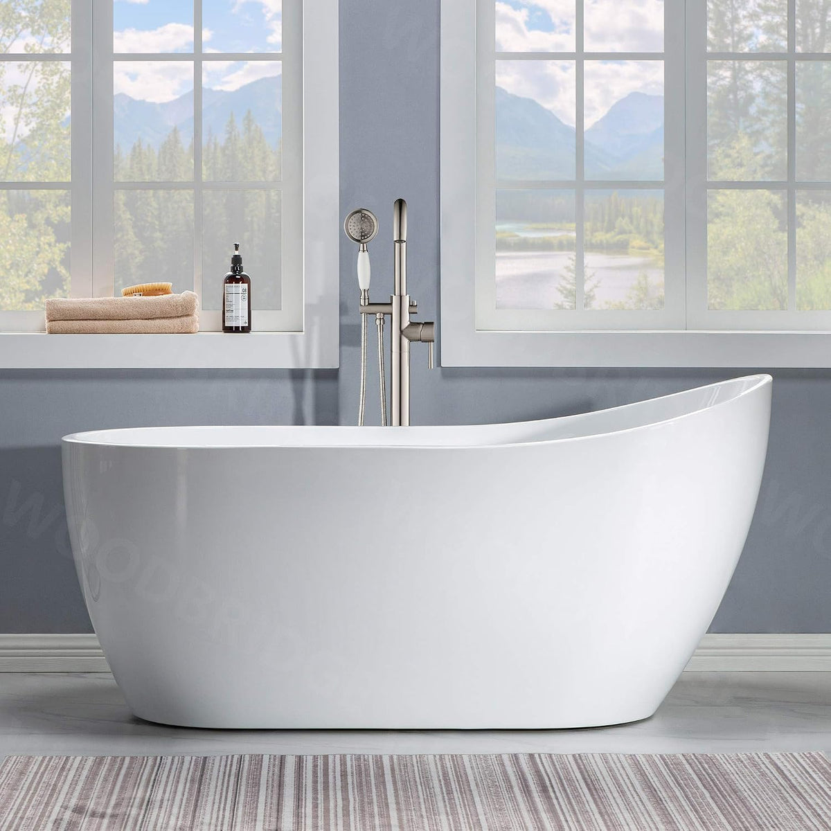 WOODBRIDGE 59" Acrylic Freestanding Bathtub Contemporary Soaking White Tub with Brushed Nickel Overflow and Drainï¼B-1530 -B/N-Drain &O