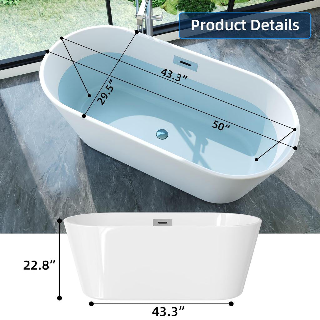 67'' Acrylic Freestanding Bathtub, Extra-Deep Soaking Free Standing Tub for Luxurious Bathing Experience, with Chrome Drain, for Main Bathroom, Black & White