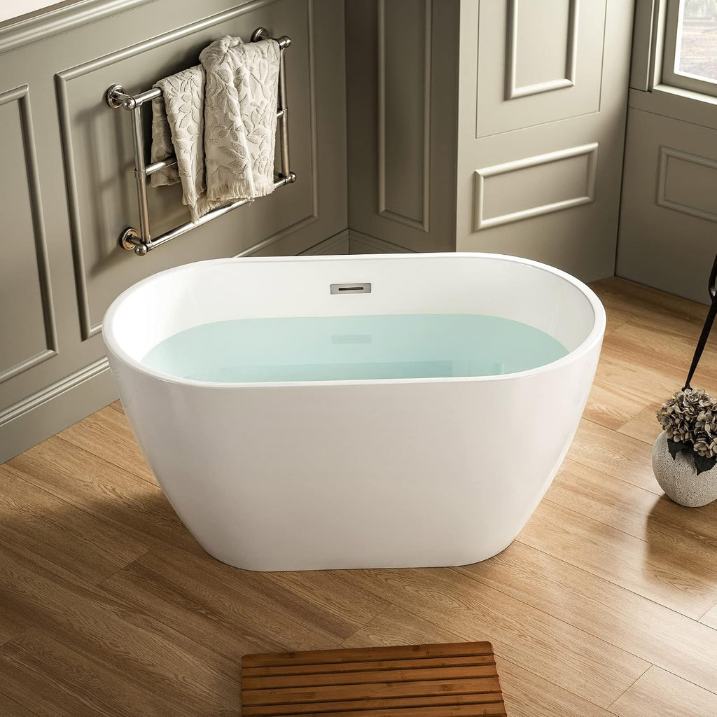 WOODBRIDGE 48" Acrylic Freestanding Bathtub Contemporary Soaking Tub, White Acrylic(Brushed Nickel Drain/Overflow),BTA1703-B/N-Drain&O