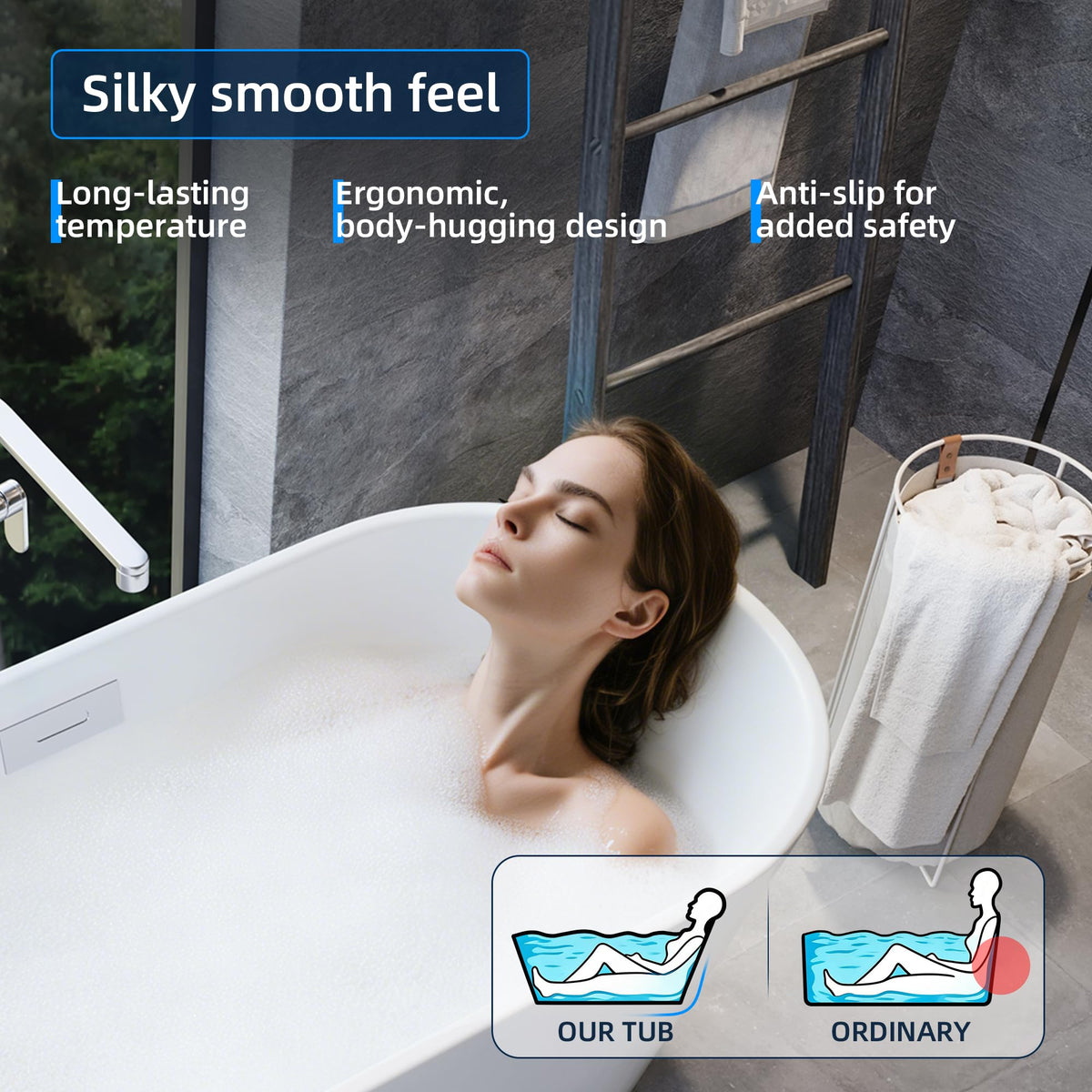 67'' Acrylic Freestanding Bathtub, Extra-Deep Soaking Free Standing Tub for Luxurious Bathing Experience, with Chrome Drain, for Main Bathroom, Black & White