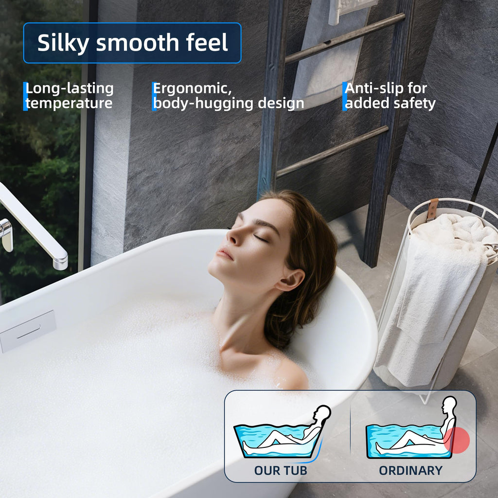 59" Acrylic Freestanding Bathtub, Modern Soaking Tub with Matte Drain and Overflow, Ergonomic Deep Design, Double-Walled Insulation, CUPC Certified, Easy Clean, Slip-Resistant, Gloss White