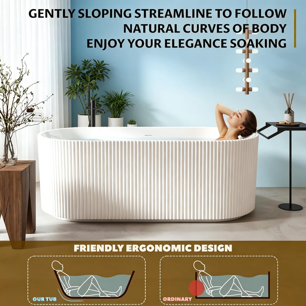 59" Acrylic Freestanding Soaking Bathtub, Deep Ergonomic Design with Lumbar Support, Integrated Overflow Drain, Non-Slip Base,cUPC Certified Modern Bathroom Tub, Easy Installation for Bathroom