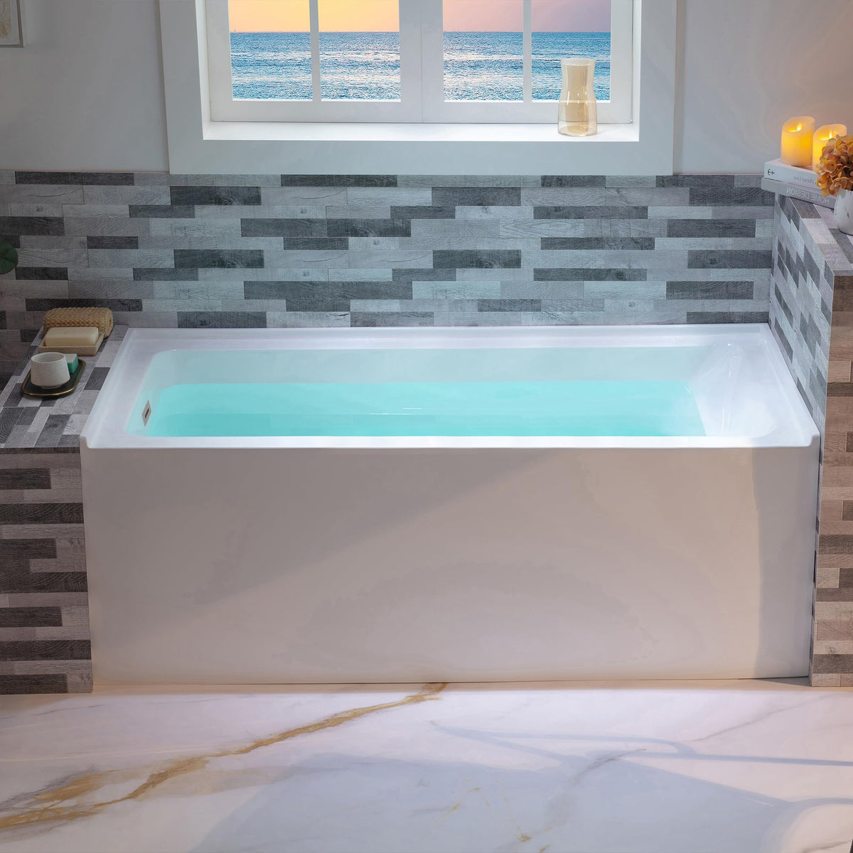 WOODBRIDGE 60" Acrylic Rectangular Alcove Soaking Bathtub in White with Left Drain, Brushed Nickel pop-up Drain Included, LB428-L