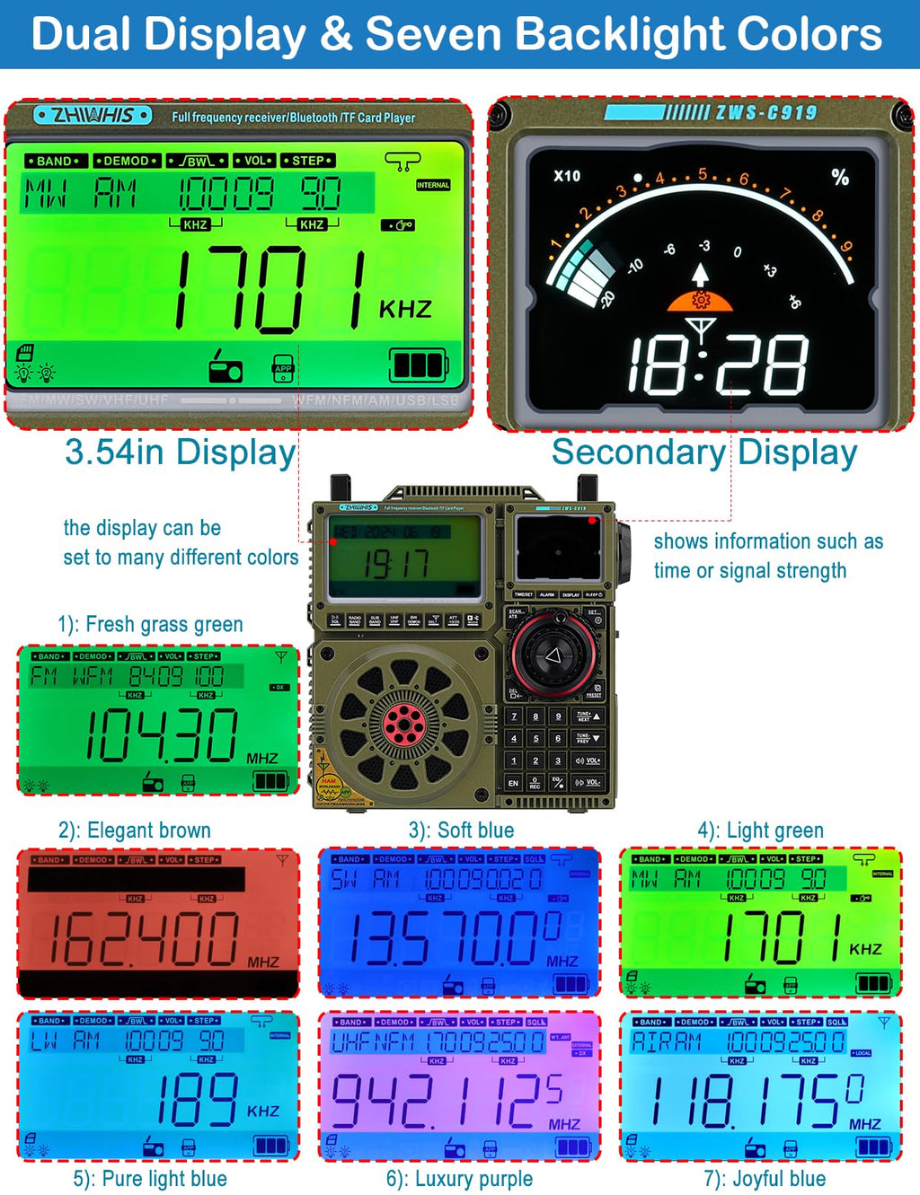 ZHIWHIS Shortwave Radio with SSB and Extra Antenna, AM FM CB LW AIR VHF UHF SW WB SSB Receiver, NOAA Weather/Antenna Tuner/APP Control/Bluetooth/20W Speaker/1600 Presets/Rechargeable Radios ZWS-C919