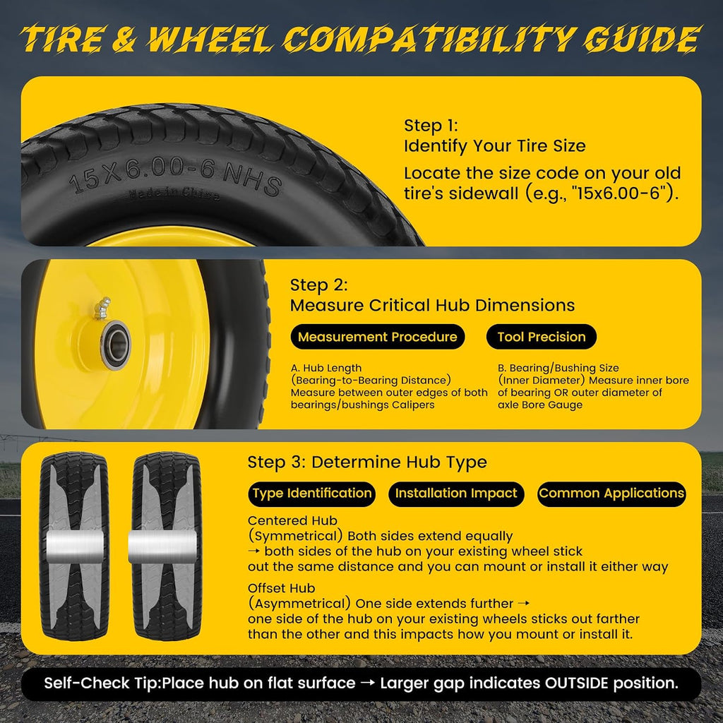 2 Pack 15x6.00-6 Flat Free Lawn Mower Tire and Wheel, 15" Solid Front Tires with 3" Centered Hub, 3/4" & 5/8" Bearings and 1" Bushings, Compatible with John Deere Husqvarna Riding Mowers Lawn Tractors