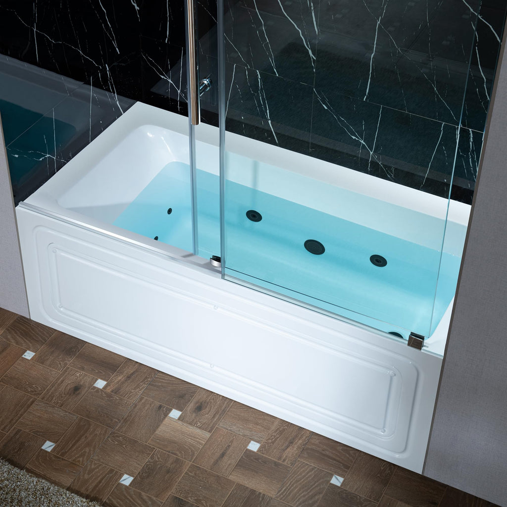 WOODBRIDGE 60" x 32" Alcove Acrylic Rectangular Whirlpool Heated Jetted Tub in White with Left Drain, Matte Black Finish, BS429-L-MB02