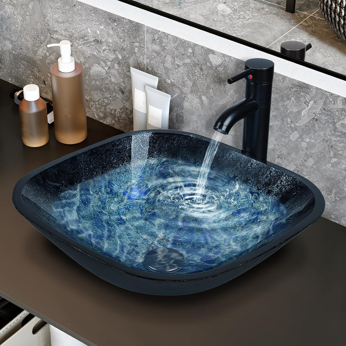 YOURLITE Bathroom Artistic Vessel Sink, Tempered Glass Countertop Bowl Sink