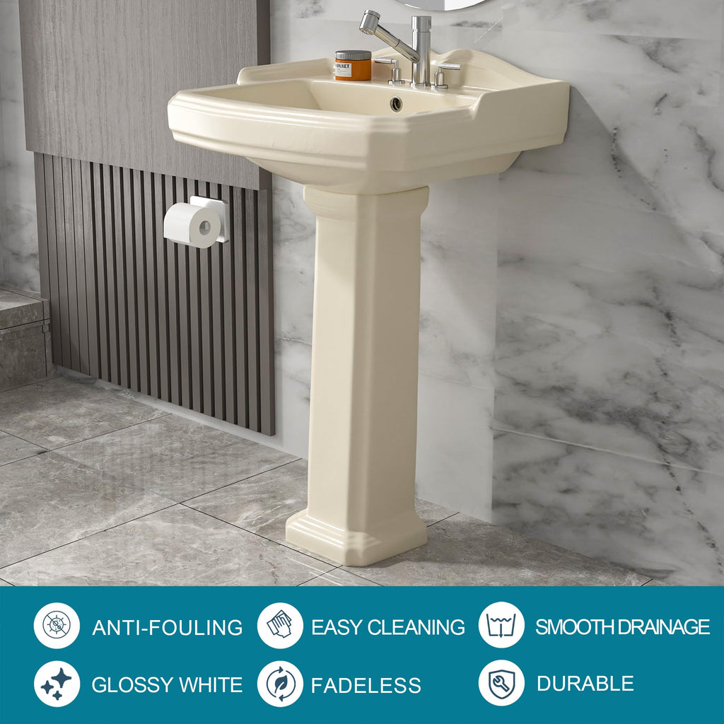 23"x19" Porcelain Retro Bathroom Pedestal Sink White 3 Hole