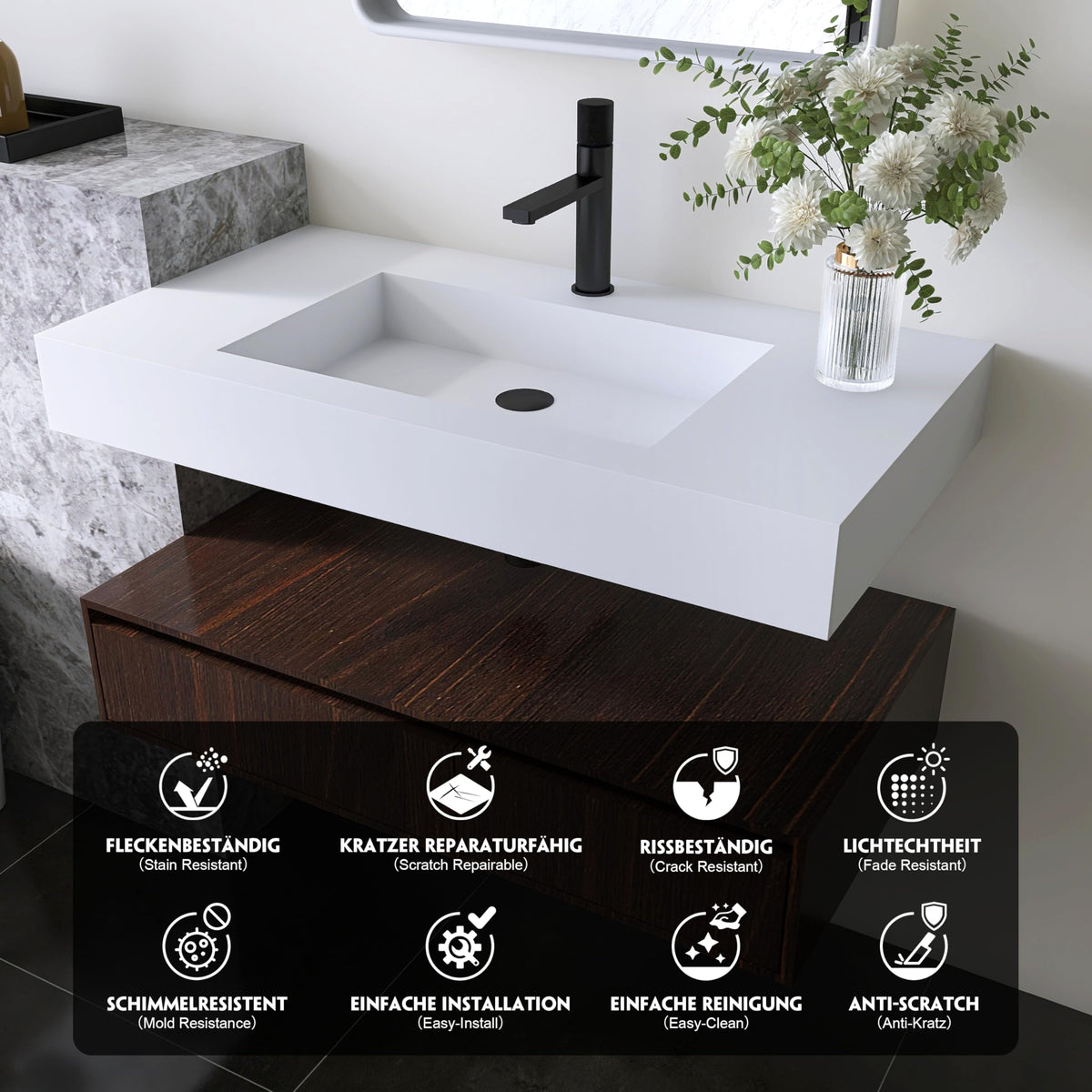 47" Wall Mount Sink, Artificial Stone Bathroom Sink, Single Hole