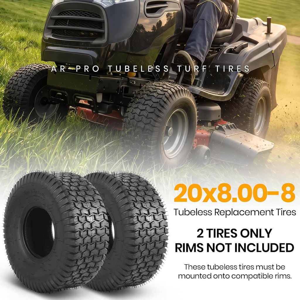 AR-PRO (2 Pack) 20x8.00-8 Lawn Mower Turf Tires, Tubeless, No Rims