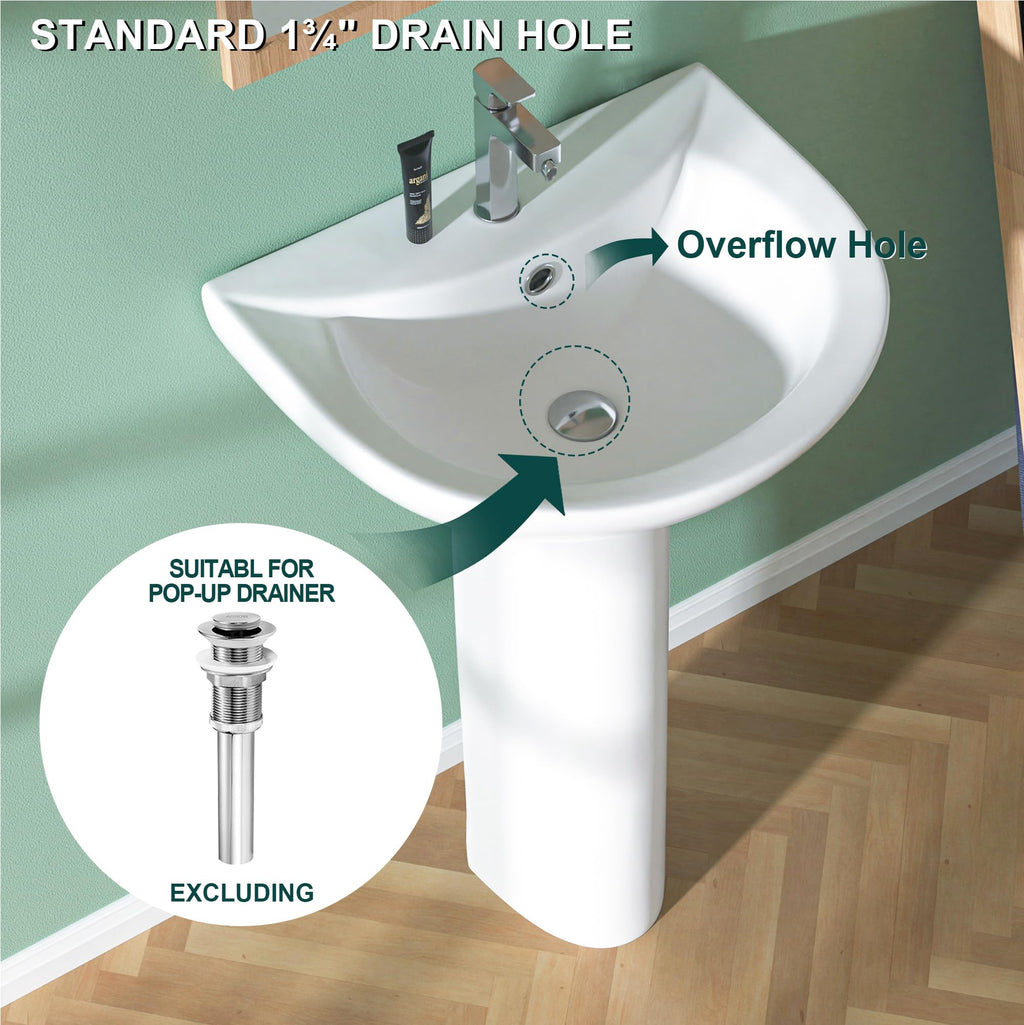 Miuara Freestanding 23 x19 Inch White Pedestal Sink 3 Hole for Bathroom